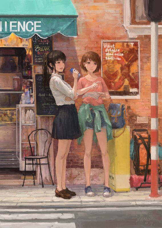Two Girls on Sidewalk — Brown