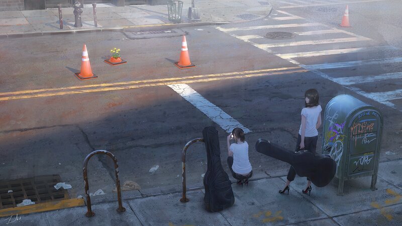 Two Girls on Sidewalk