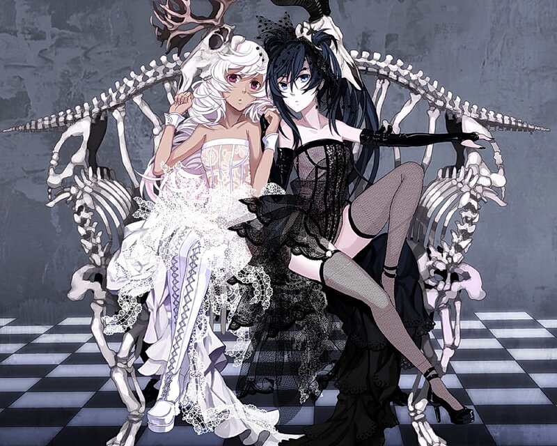 Two Girls on Skeleton Throne — Black