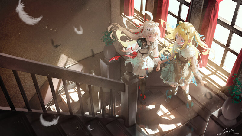 Two Girls on Stairs — Brown, Dramatic