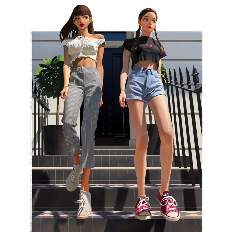 Two Girls on Steps — White