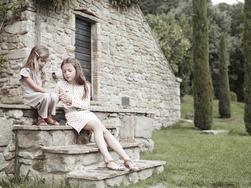 Two Girls on Stone Steps — Green