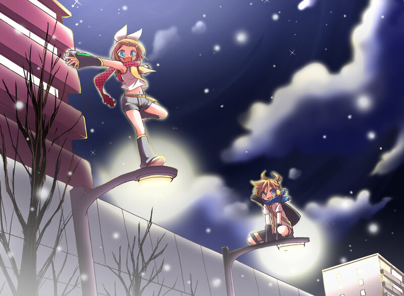 Two girls on streetlights at night