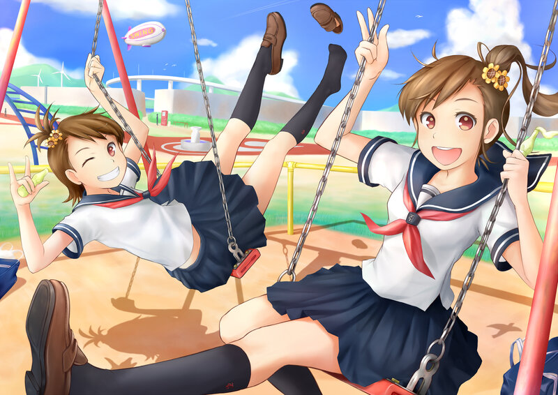 Two Girls on Swings — Blue, Playful