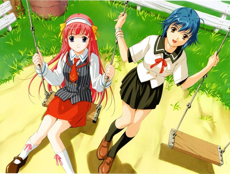 Two girls on swings in a park