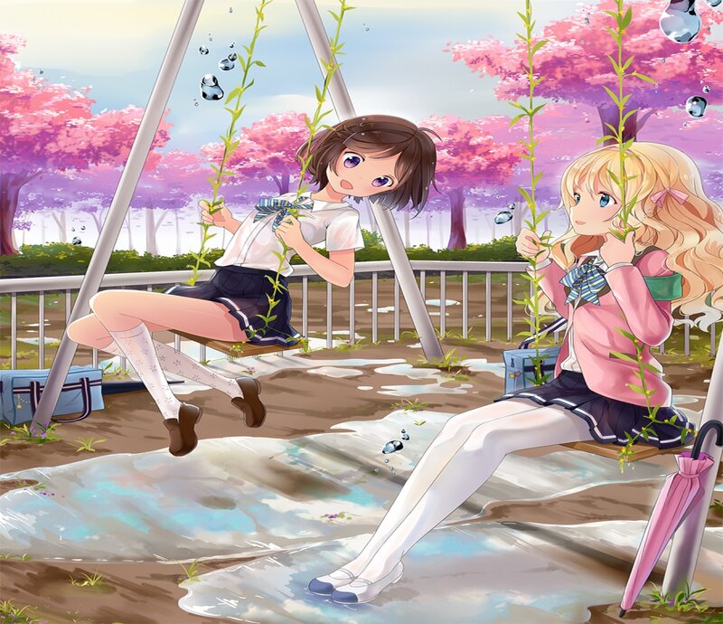 Two Girls on Swings — Pink
