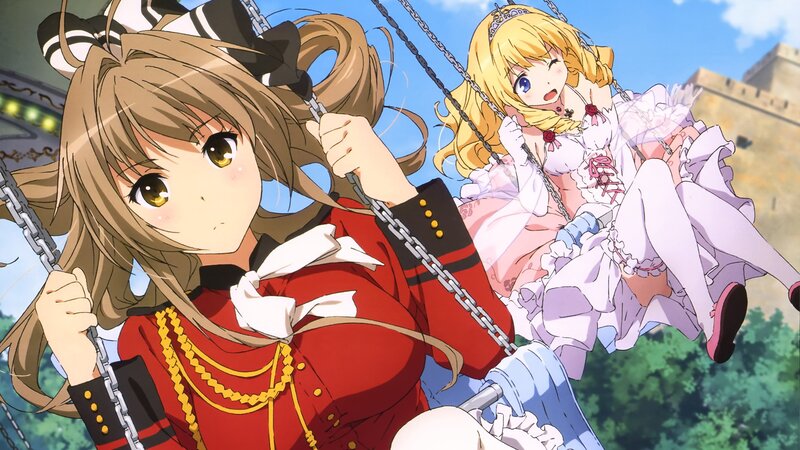 Two Girls on Swings — Red, Playful
