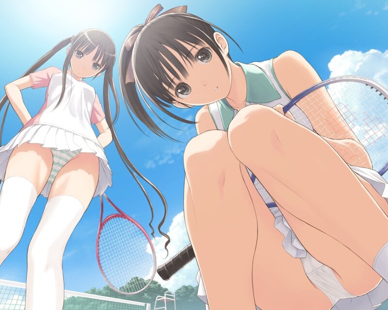 Two Girls on Tennis Court — Blue, Bright