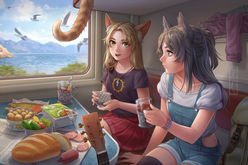 Two Girls on Train — Blue, Calm