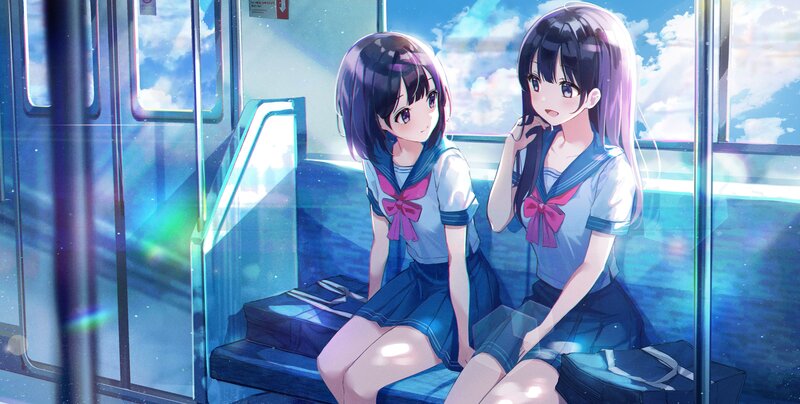 Two Girls on Train — Blue, Serene