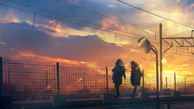 Two Girls on Train Platform — Orange
