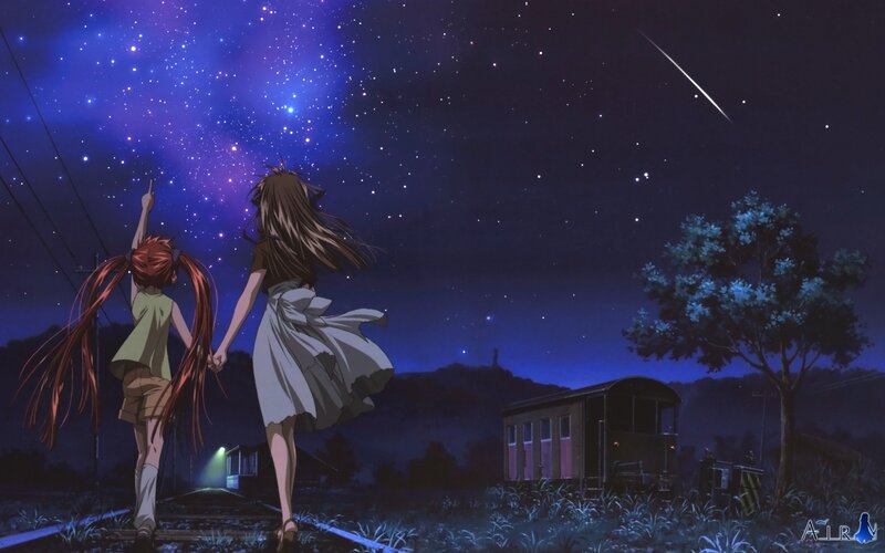 Two Girls on Train Tracks — Blue, Serene, Night, Anime, Stars