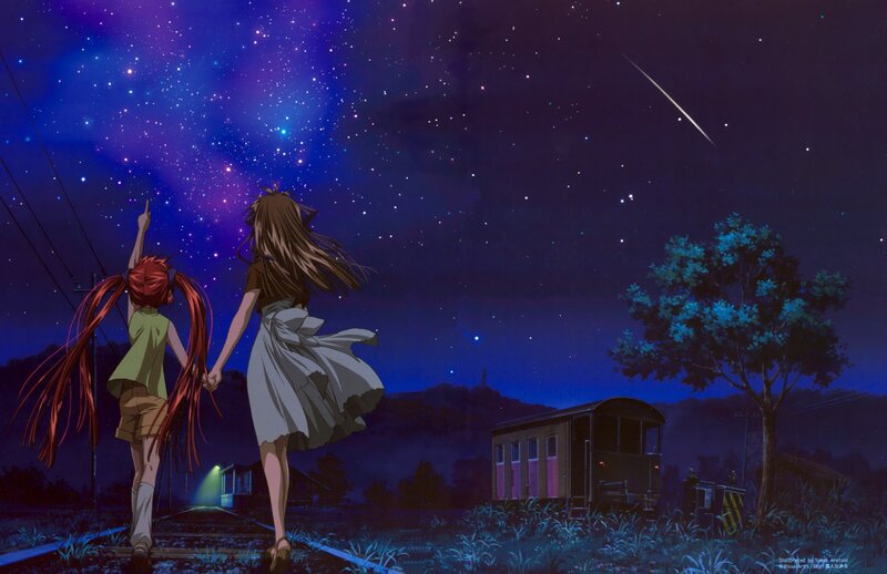 Two Girls on Train Tracks — Blue, Serene, Night