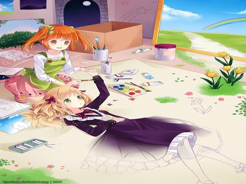 Two Girls Painting — Purple