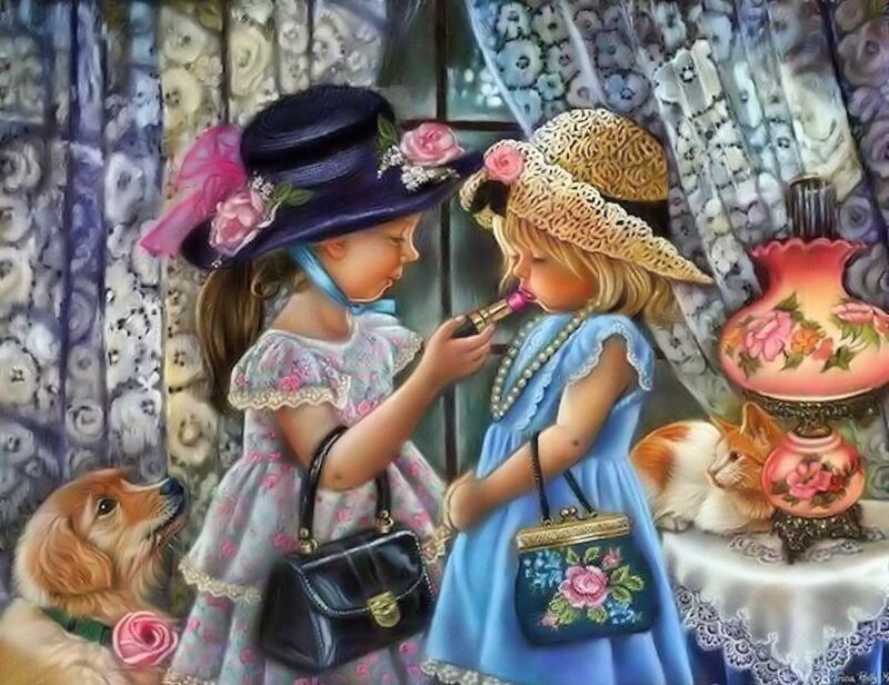 Two Girls Playing Dress-up — Blue, Playful, Painting, Dog