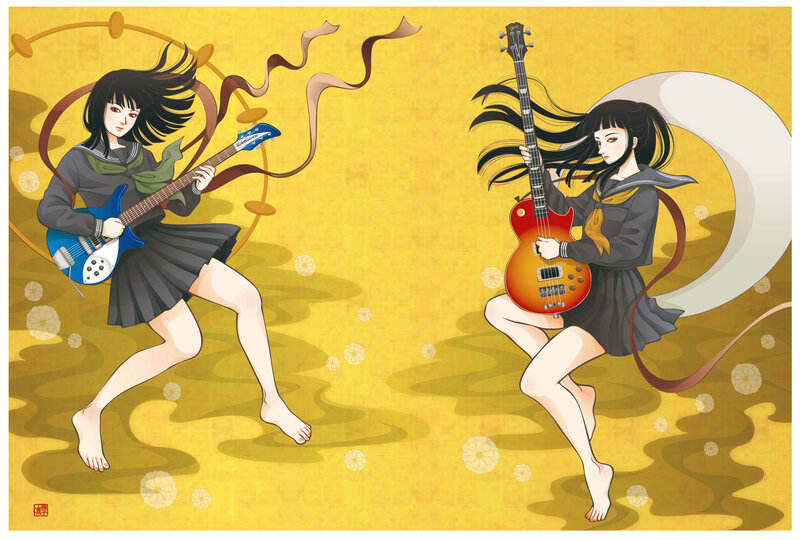 Two girls playing electric guitars