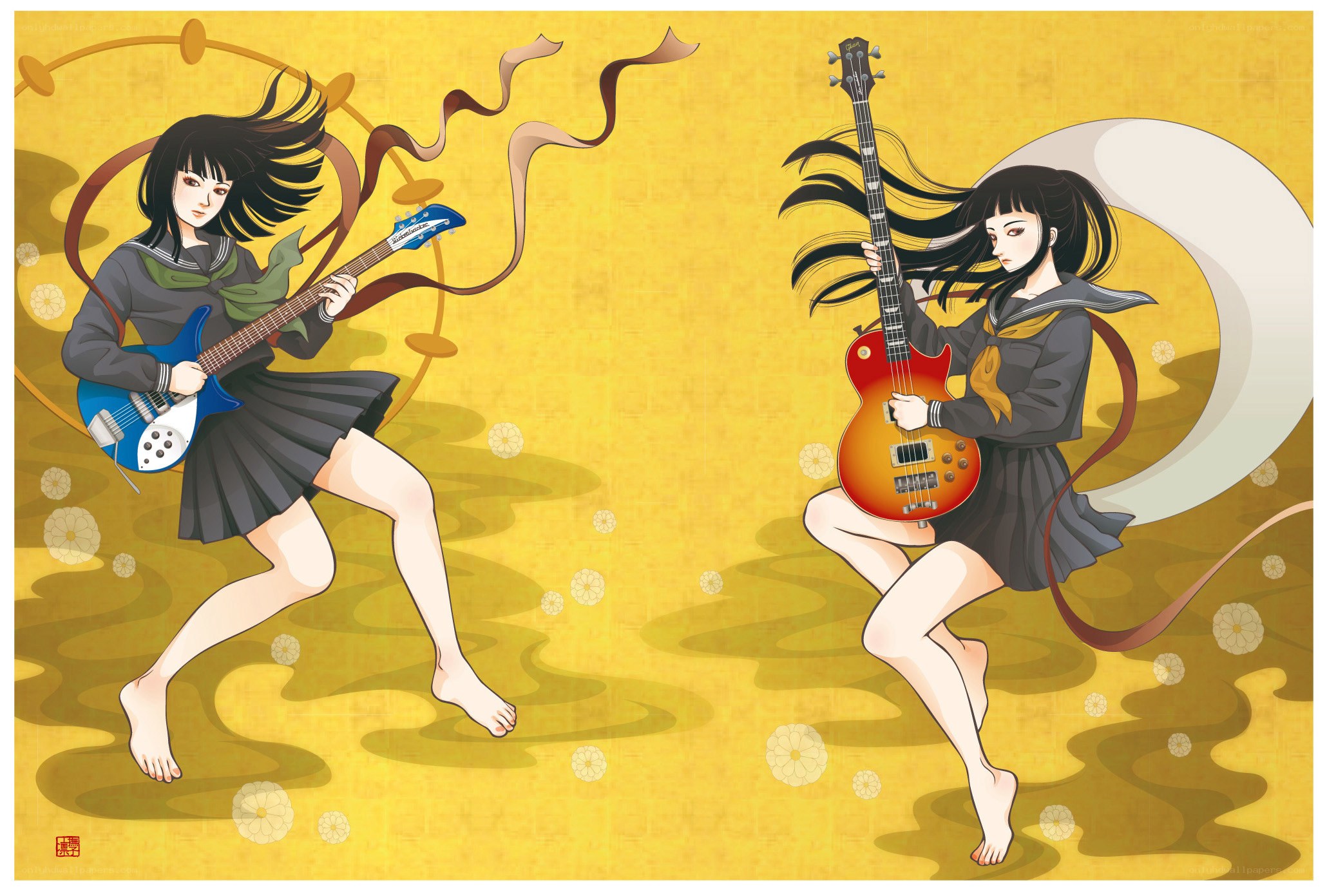 Two girls playing electric guitars