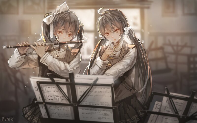 Two Girls Playing Flutes — Gray