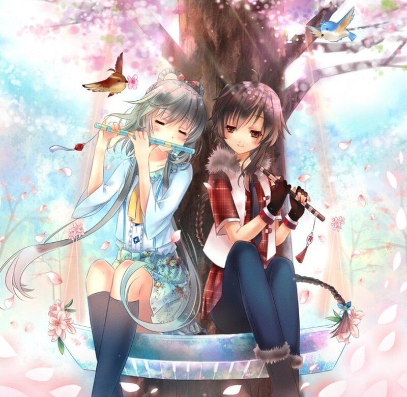 Two Girls Playing Flutes