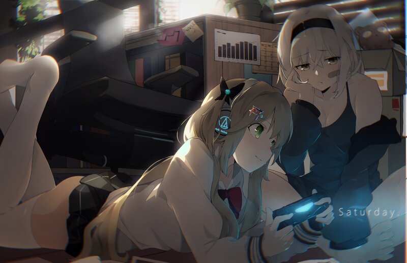 Two Girls Playing Game — Gray
