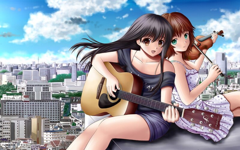 Two Girls Playing Instruments — Blue, Peaceful