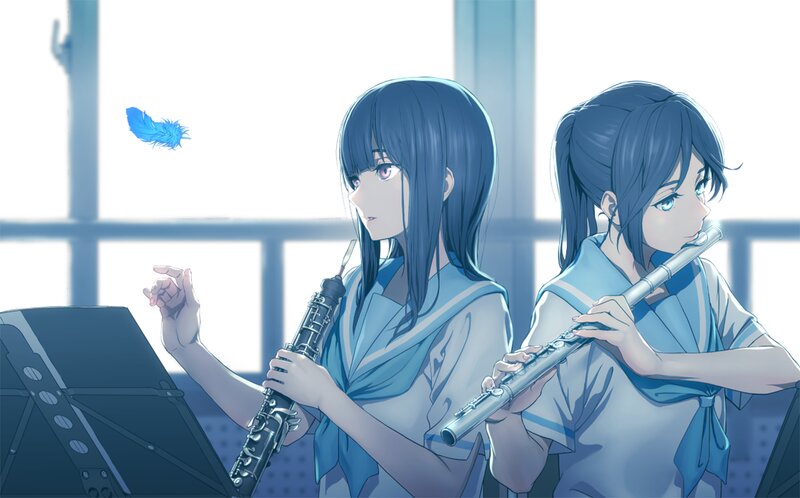 Two Girls Playing Instruments — Blue, Serene