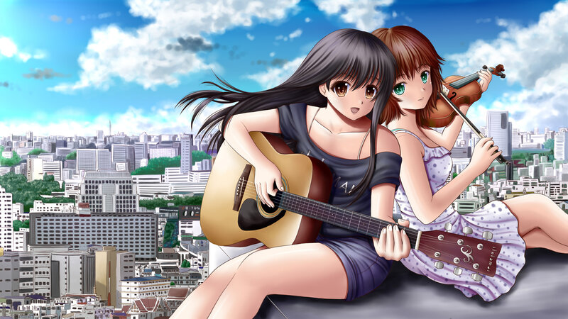 Two Girls Playing Instruments — Blue