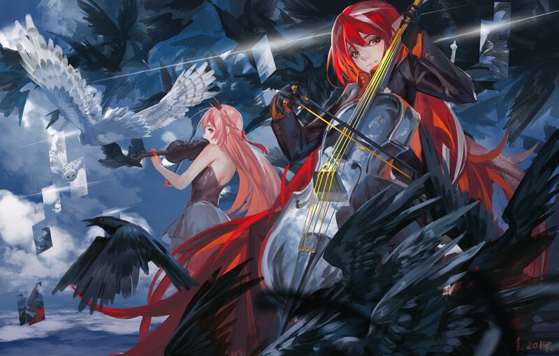 Two Girls Playing Instruments — Red, Dramatic, Digital Art