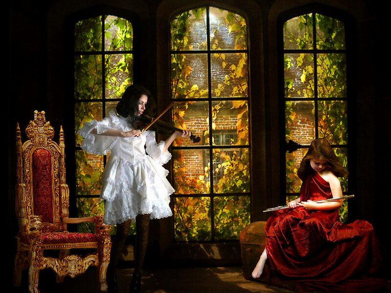Two Girls Playing Instruments — White
