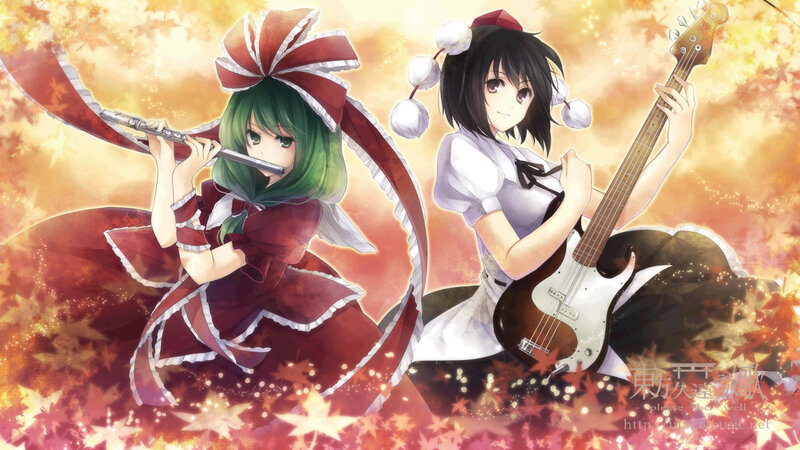 Two girls playing music in autumn