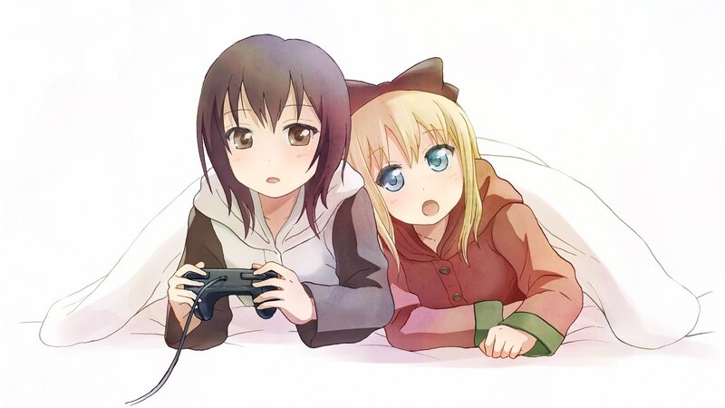 Two Girls Playing Video Game — White, Playful