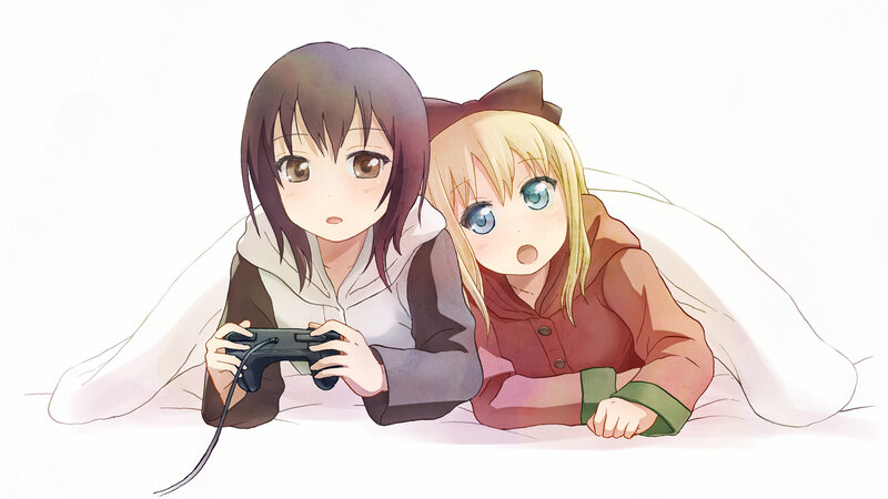 Two Girls Playing Video Game — White