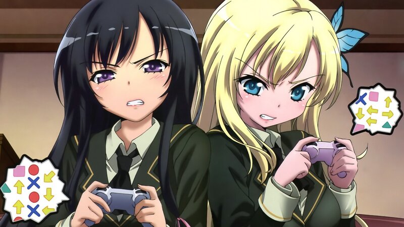 Two Girls Playing Video Games — Green, Playful, Anime, Video Game Controllers, School Uniforms
