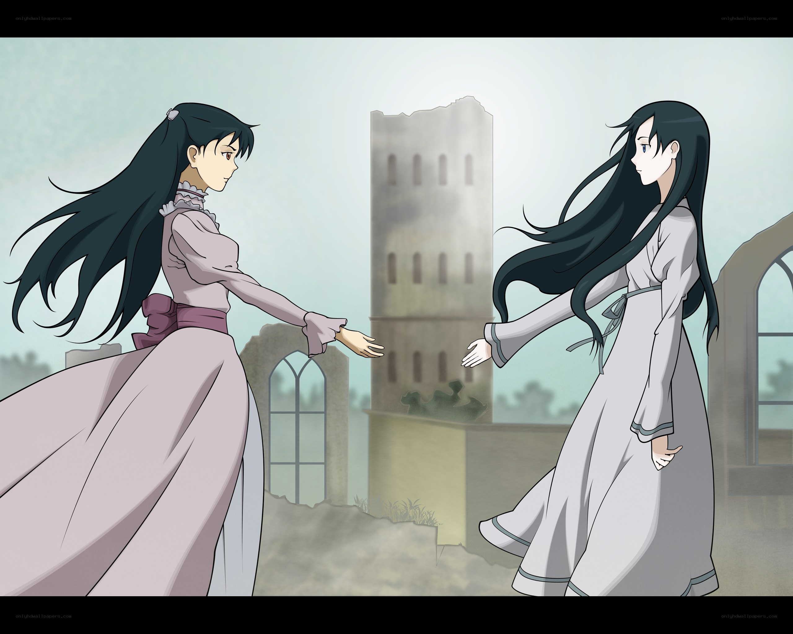 Two girls reaching for each other