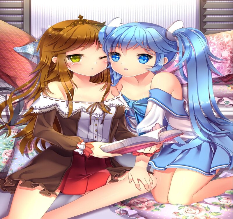 Two Girls Reading Book — Blue