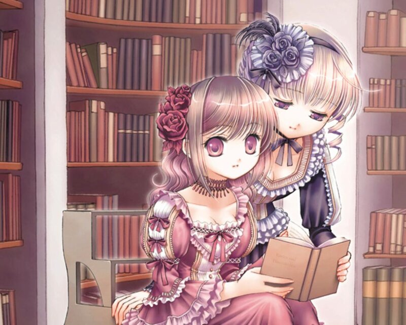 Two Girls Reading Book — Purple