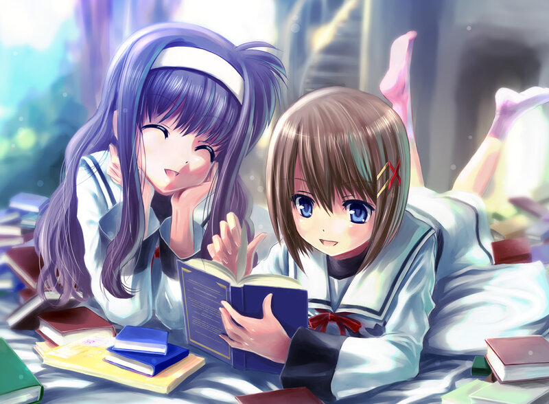 Two Girls Reading Books — Blue
