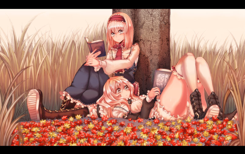Two Girls Reading Books — Red