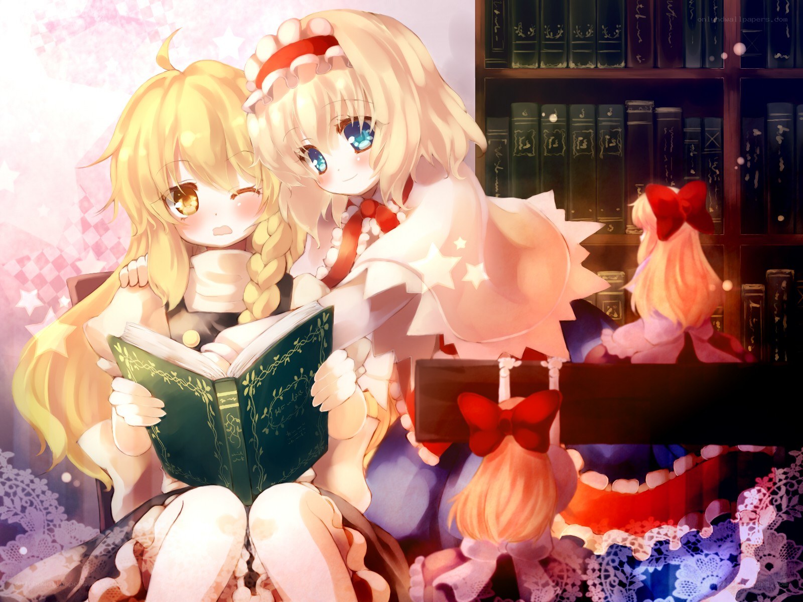 Two girls reading in a library