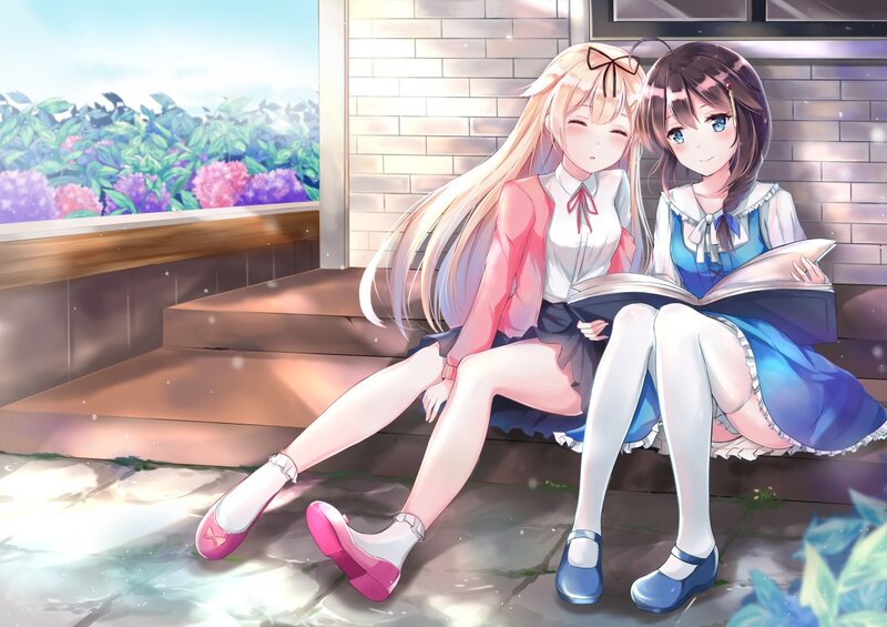 Two Girls Reading Together — Blue