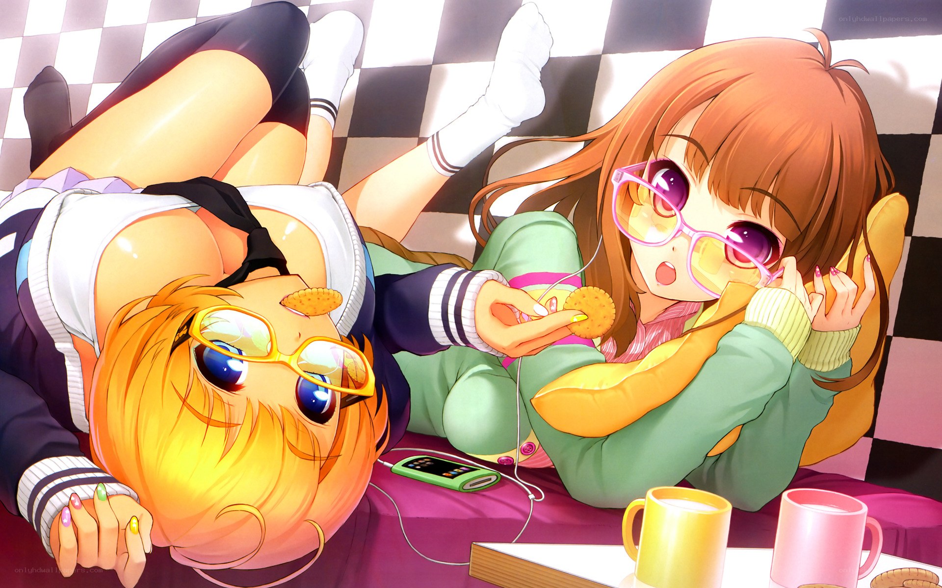 Two girls relaxing with snacks