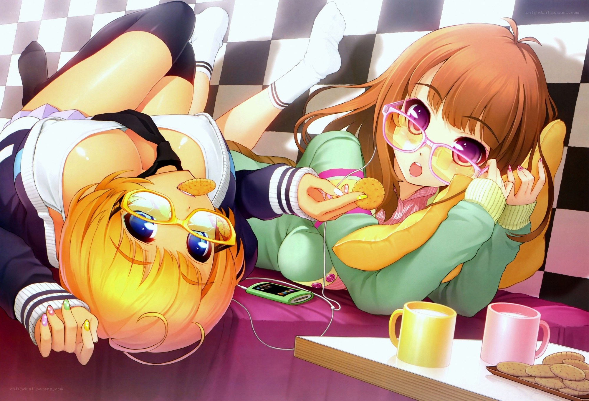 Two girls relaxing with snacks