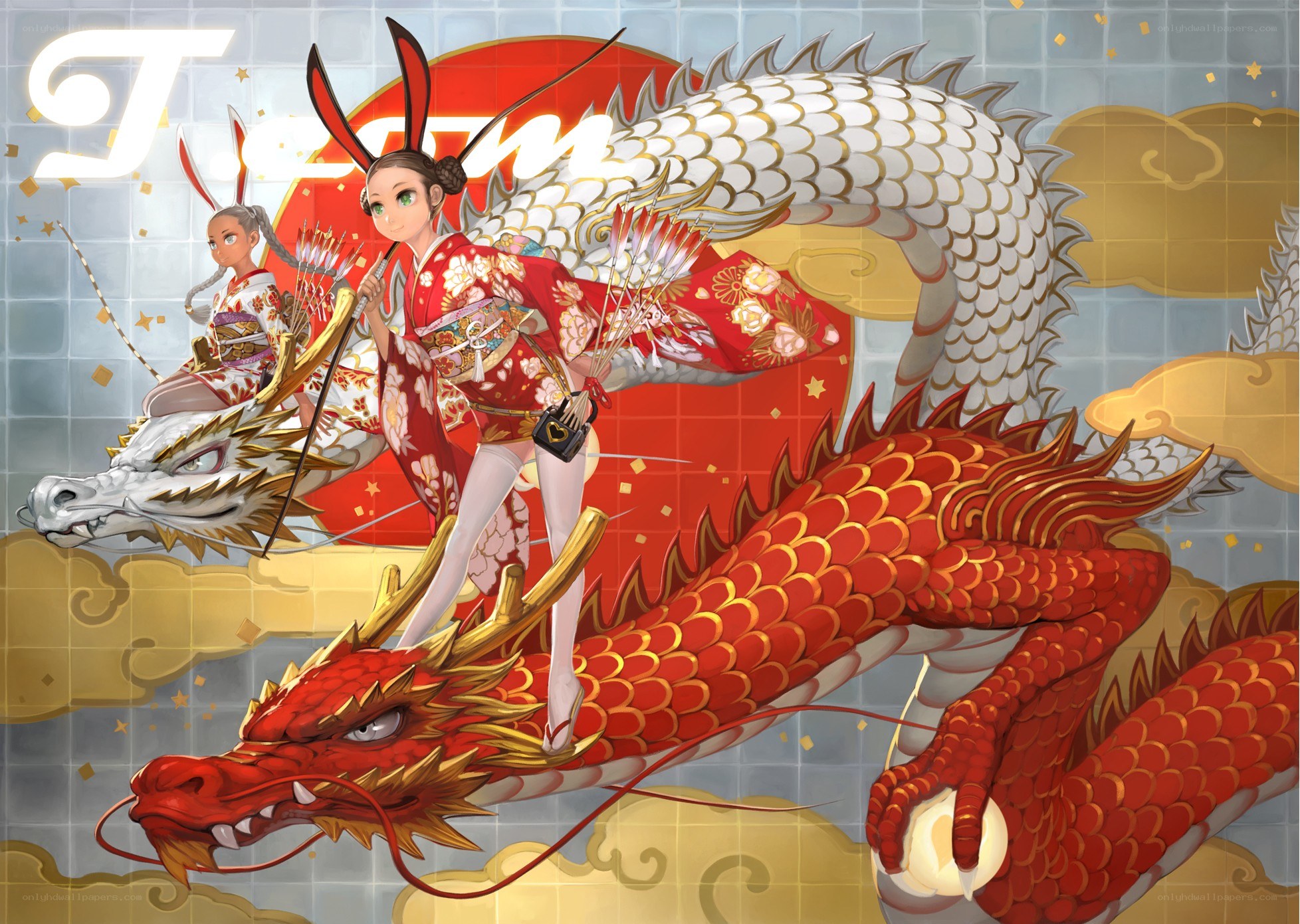 Two girls riding dragons
