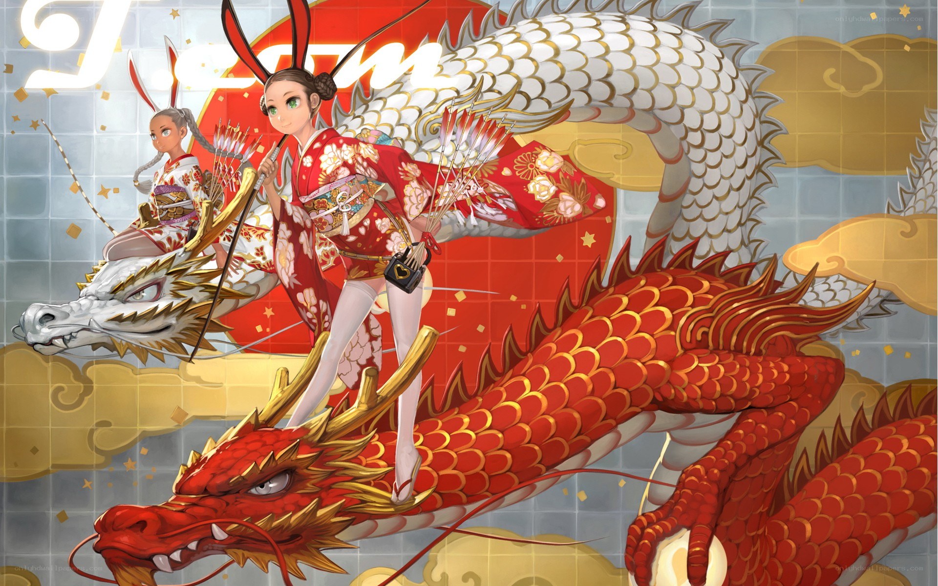 Two girls riding dragons