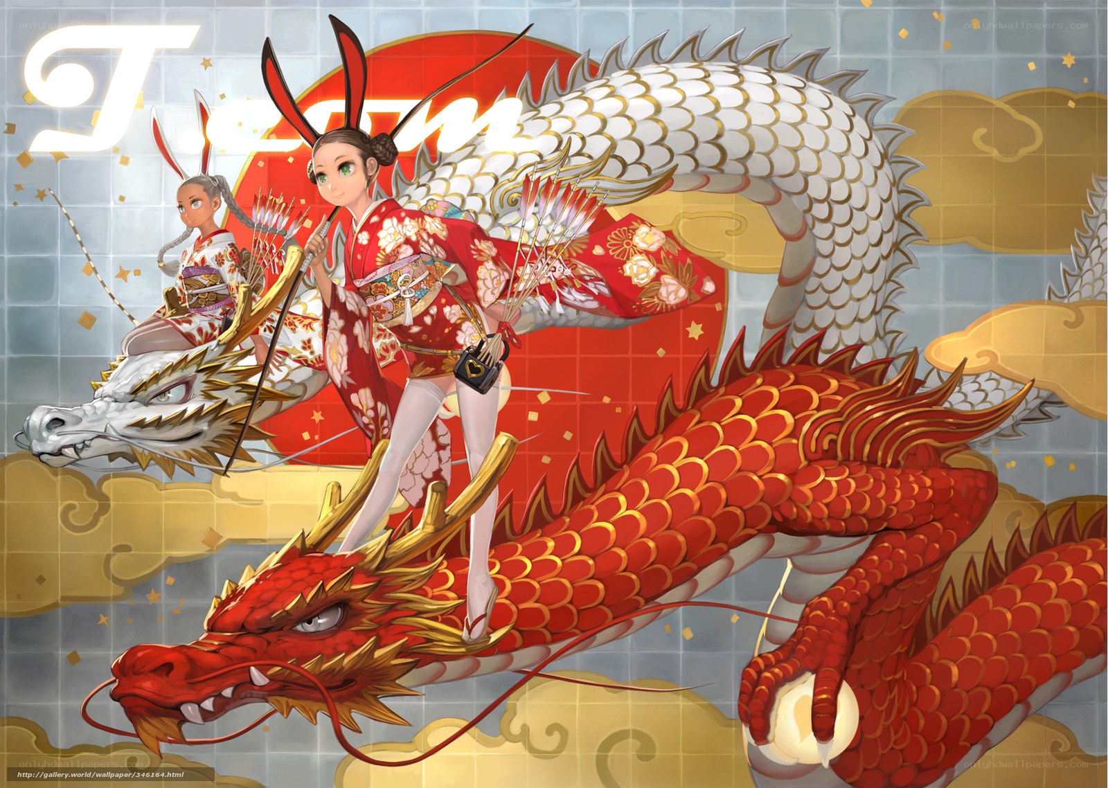 Two girls riding dragons