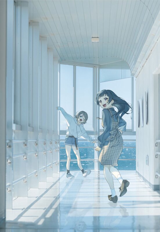 Two Girls Running — Blue, Bright