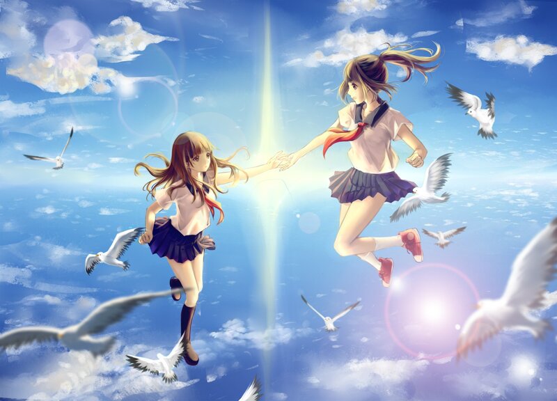 Two Girls Running in Sky