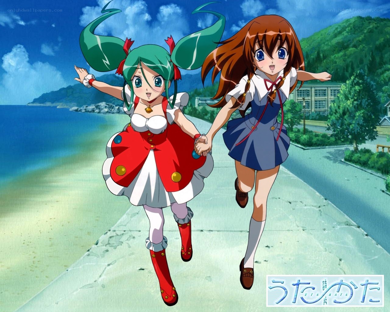 two girls running on a beach