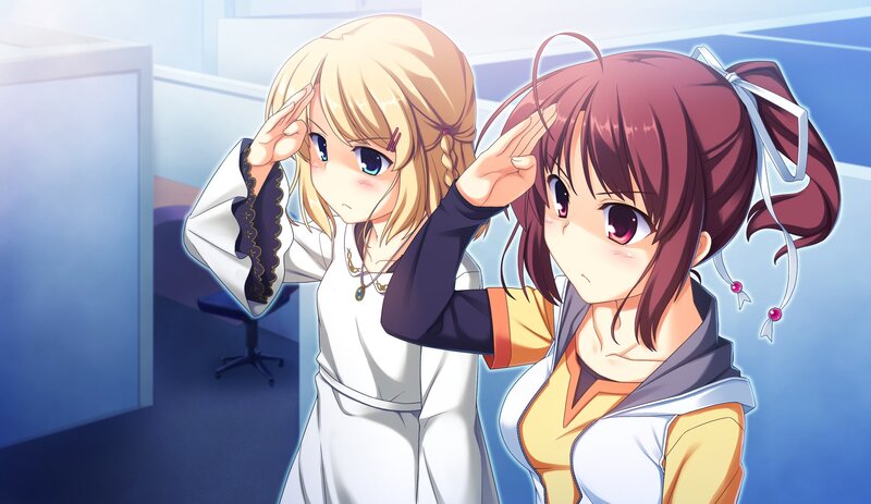 Two girls saluting in a room