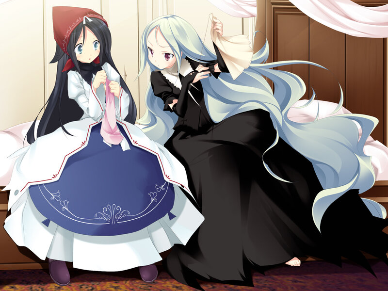 Two Girls Sewing — White